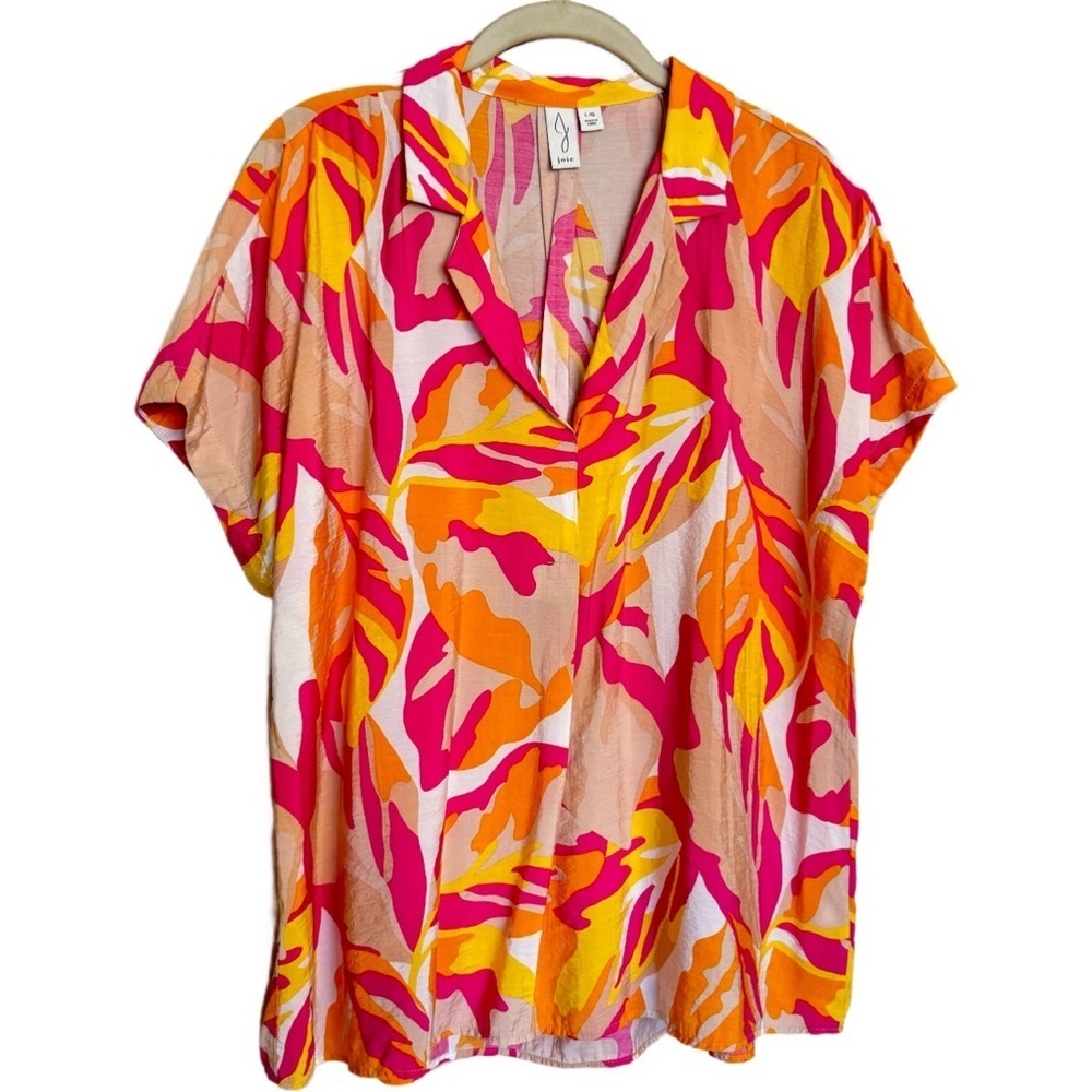 Joie Blouse Bright Abstract Floral Pleated Colorful Top V-Neck Pink Artsy Size L